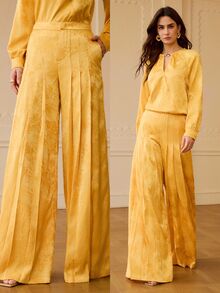ZEYLAH Celana Panjang Wanita Jacquard Berlipit dengan Kantong, Longgar, Elegan, Kaki Lebar, Cocok untuk Pesta Makan Malam, Warna Kuning Keemasan, Musim Gugur - Kuning - View 1