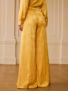 ZEYLAH Celana Panjang Wanita Jacquard Berlipit dengan Kantong, Longgar, Elegan, Kaki Lebar, Cocok untuk Pesta Makan Malam, Warna Kuning Keemasan, Musim Gugur - Kuning - View 7