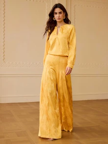 ZEYLAH Celana Panjang Wanita Jacquard Berlipit dengan Kantong, Longgar, Elegan, Kaki Lebar, Cocok untuk Pesta Makan Malam, Warna Kuning Keemasan, Musim Gugur - Kuning - View 4