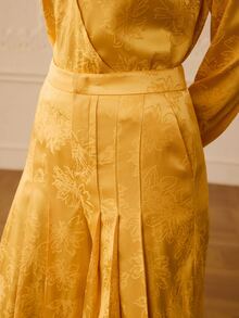 ZEYLAH Celana Panjang Wanita Jacquard Berlipit dengan Kantong, Longgar, Elegan, Kaki Lebar, Cocok untuk Pesta Makan Malam, Warna Kuning Keemasan, Musim Gugur - Kuning - View 2