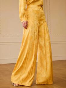 ZEYLAH Celana Panjang Wanita Jacquard Berlipit dengan Kantong, Longgar, Elegan, Kaki Lebar, Cocok untuk Pesta Makan Malam, Warna Kuning Keemasan, Musim Gugur - Kuning - View 5