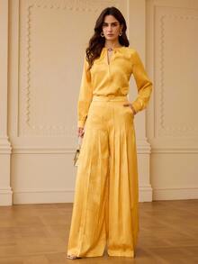 ZEYLAH Celana Panjang Wanita Jacquard Berlipit dengan Kantong, Longgar, Elegan, Kaki Lebar, Cocok untuk Pesta Makan Malam, Warna Kuning Keemasan, Musim Gugur - Kuning - View 8