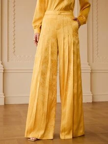 ZEYLAH Celana Panjang Wanita Jacquard Berlipit dengan Kantong, Longgar, Elegan, Kaki Lebar, Cocok untuk Pesta Makan Malam, Warna Kuning Keemasan, Musim Gugur - Kuning - View 3