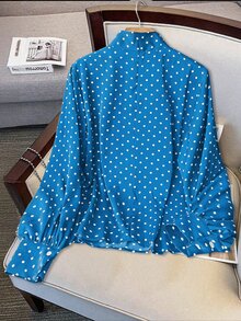 GlowEve 女款梭織休閒波點襯衫，適合秋季 - 藍色 - 查看 2