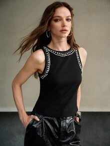 MOTF PREMIUM RHINESTONE DETAIL FITTED KNIT TANK TOP - Black - View 3