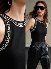 MOTF PREMIUM RHINESTONE DETAIL FITTED KNIT TANK TOP - Black - View 1