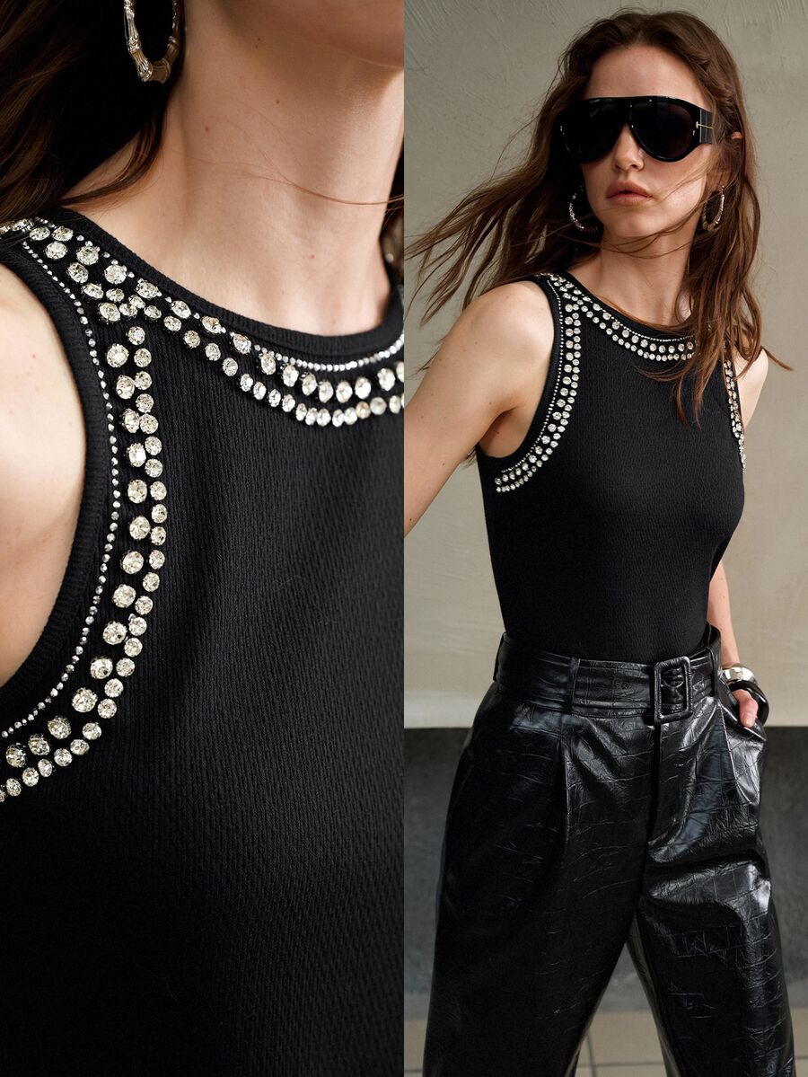 MOTF PREMIUM RHINESTONE DETAIL FITTED KNIT TANK TOP - Black - View 1