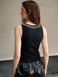 MOTF PREMIUM RHINESTONE DETAIL FITTED KNIT TANK TOP - Black - View 4