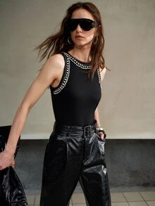 MOTF PREMIUM RHINESTONE DETAIL FITTED KNIT TANK TOP - Black - View 6