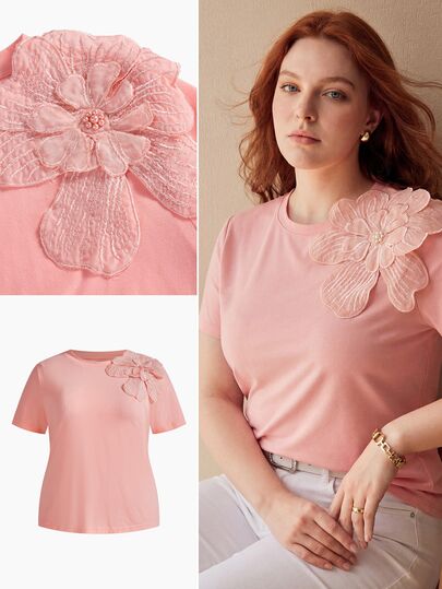 MOTF PREMIUM PLUS SIZE WOMEN'S 3D FLORAL DECOR T-SHIRT
