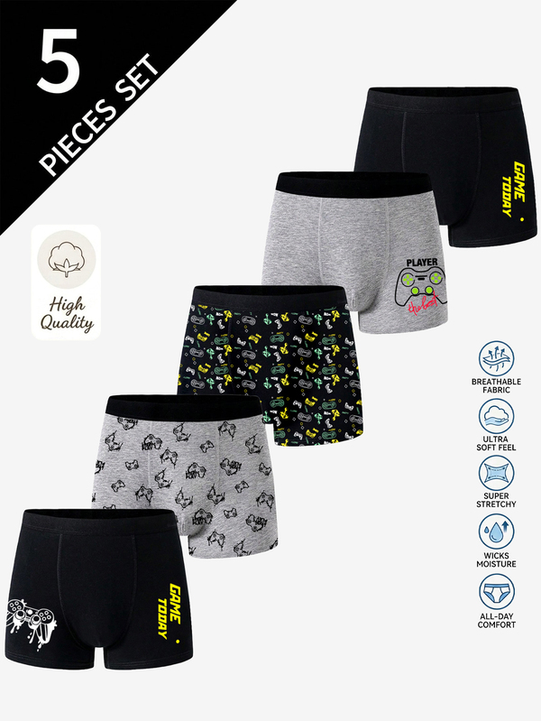 5 pezzi/confezione Boxer da uomo giovane "GAME ON!" con grafica colorata di console da gioco in cotone