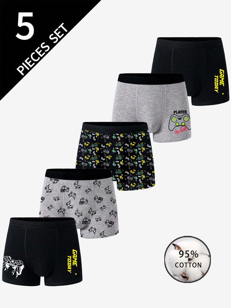 5pcs/Pack Young Men's "GAME ON!" Colorful Gaming Console Graphic Cotton Boxer Briefs - Multicolor - View 4