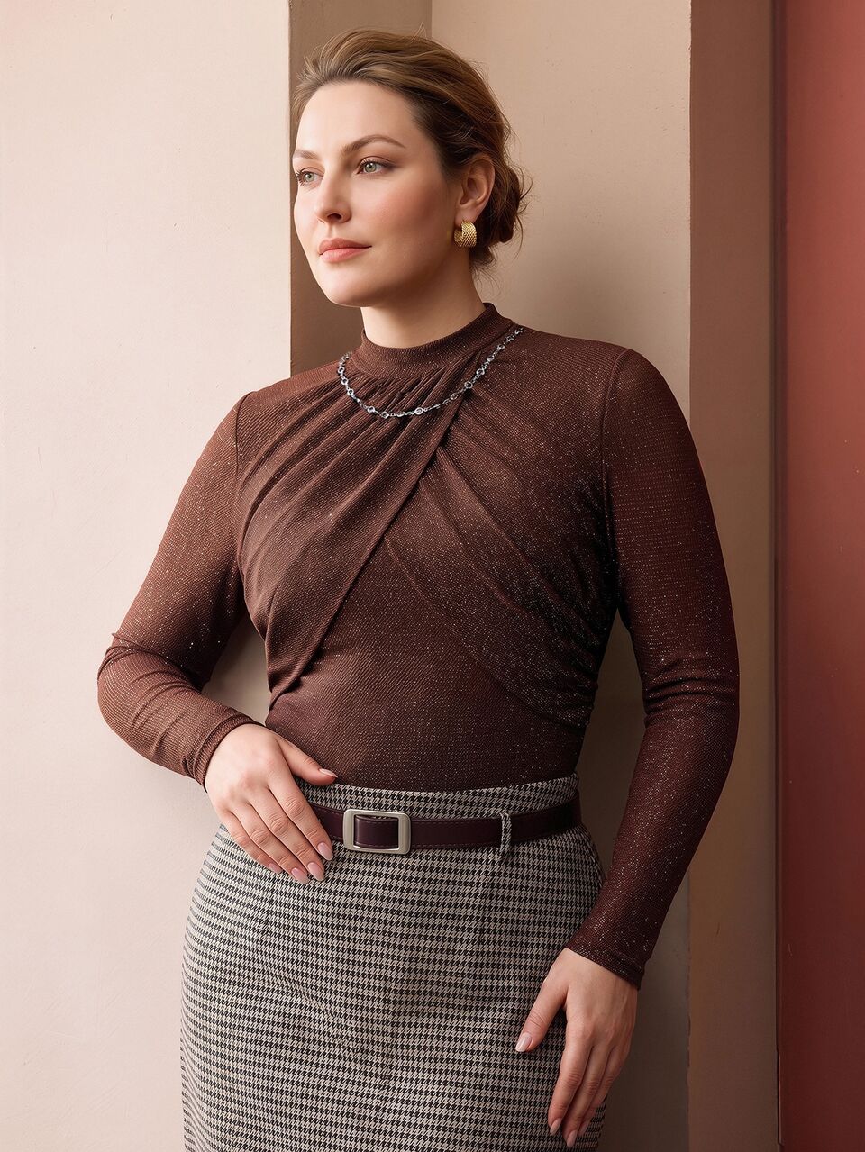 MOTF PLUS SIZE WOMEN'S AUTUMN/WINTER KNIT CROSS WRAP MOCK NECK LONG SLEEVE TOP