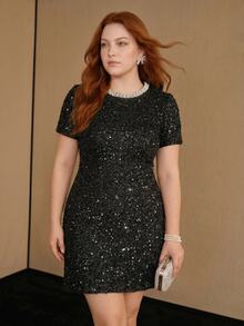 MOTF PREMIUM WOMEN'S PLUS SIZE SEQUIN ROUND NECK FAUX PEARLS DECOR SHORT SLEEVE DRESS, AUTUMN/WINTER - Black - View 4