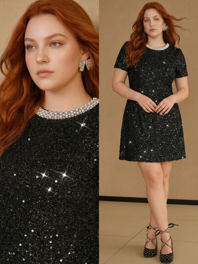 MOTF PREMIUM WOMEN'S PLUS SIZE SEQUIN ROUND NECK FAUX PEARLS DECOR SHORT SLEEVE DRESS, AUTUMN/WINTER
