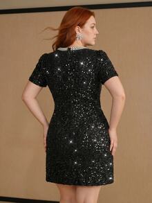 MOTF PREMIUM WOMEN'S PLUS SIZE SEQUIN ROUND NECK FAUX PEARLS DECOR SHORT SLEEVE DRESS, AUTUMN/WINTER - Black - View 6