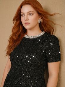 MOTF PREMIUM WOMEN'S PLUS SIZE SEQUIN ROUND NECK FAUX PEARLS DECOR SHORT SLEEVE DRESS, AUTUMN/WINTER - Black - View 2