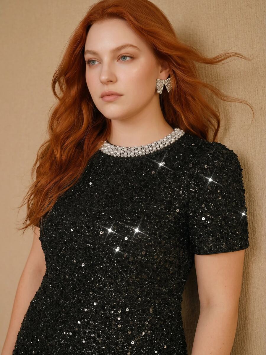 MOTF PREMIUM WOMEN'S PLUS SIZE SEQUIN ROUND NECK FAUX PEARLS DECOR SHORT SLEEVE DRESS, AUTUMN/WINTER - Black - View 2