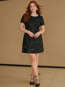 MOTF PREMIUM WOMEN'S PLUS SIZE SEQUIN ROUND NECK FAUX PEARLS DECOR SHORT SLEEVE DRESS, AUTUMN/WINTER - Black - View 3