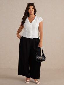 Elaquor Plus Size Women's Solid Color Contrast Lace Single-Breasted Cap Sleeve Fashion Blouse - White - View 5