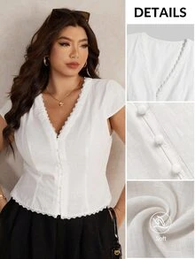 Elaquor Plus Size Women's Solid Color Contrast Lace Single-Breasted Cap Sleeve Fashion Blouse - White - View 2
