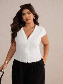 Elaquor Plus Size Women's Solid Color Contrast Lace Single-Breasted Cap Sleeve Fashion Blouse - White - View 6