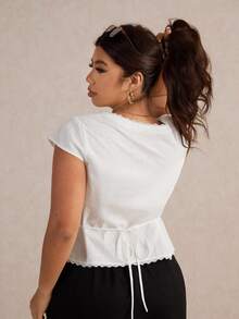 Elaquor Plus Size Women's Solid Color Contrast Lace Single-Breasted Cap Sleeve Fashion Blouse - White - View 3