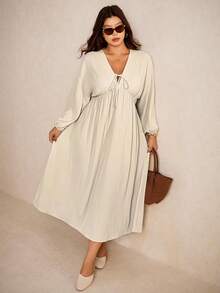 Elaquor Plus Size Women's Solid Color Front Tie Lantern Sleeve Casual Dress - Apricot - View 5