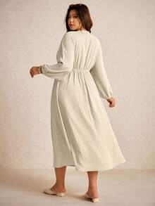 Elaquor Plus Size Women's Solid Color Front Tie Lantern Sleeve Casual Dress - Apricot - View 2