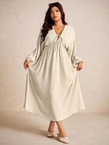 Elaquor Plus Size Women's Solid Color Front Tie Lantern Sleeve Casual Dress - Apricot - View 7