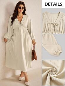Elaquor Plus Size Women's Solid Color Front Tie Lantern Sleeve Casual Dress - Apricot - View 1