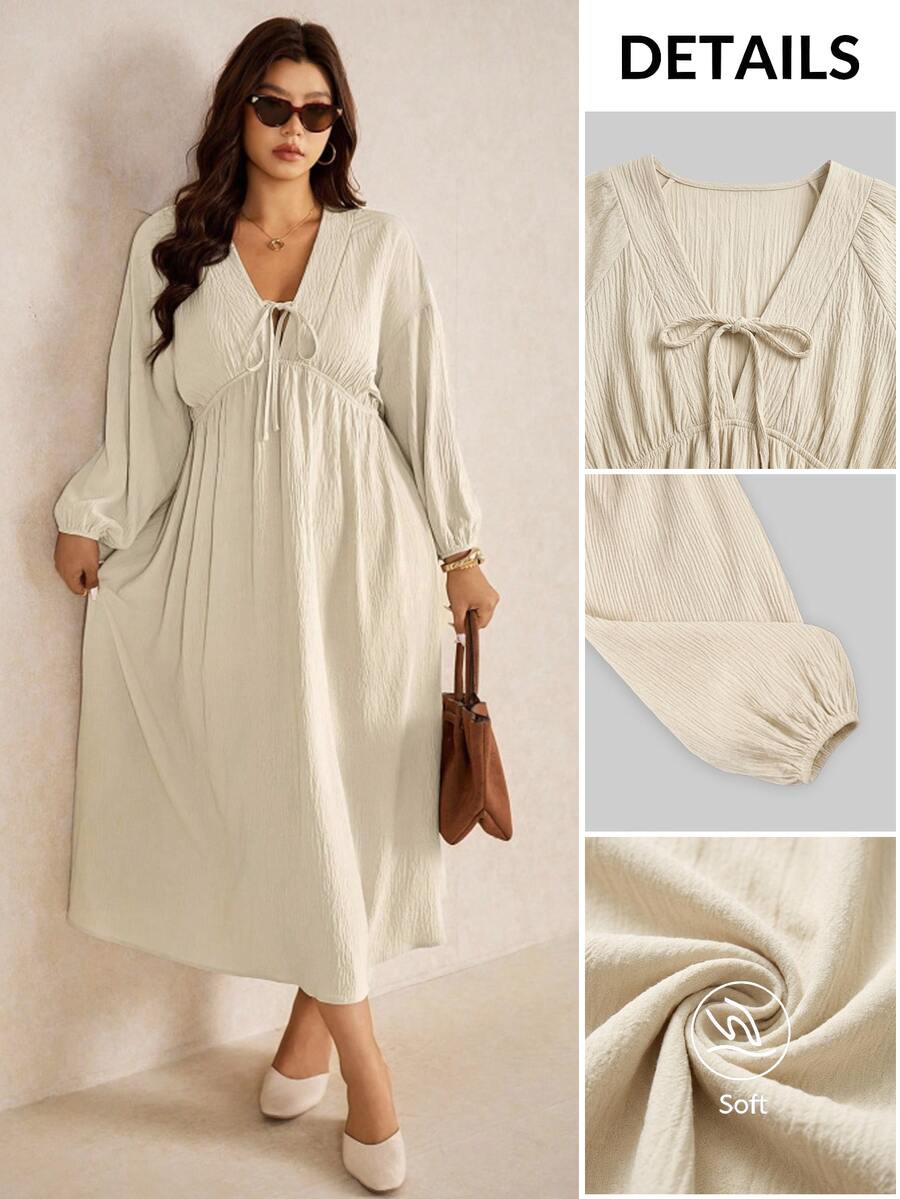 Elaquor Plus Size Women's Solid Color Front Tie Lantern Sleeve Casual Dress - Apricot - View 1