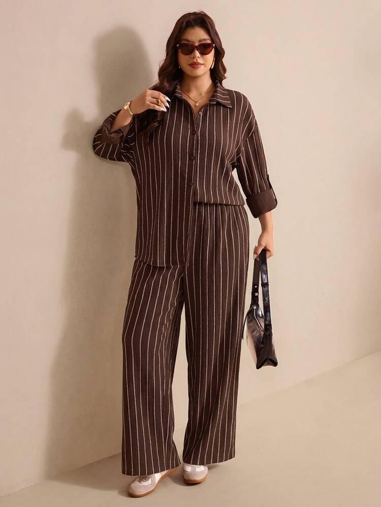Elaquor Plus Size Casual Minimalist Basic White 2 Pieces Set, Loose Fit Formal Holiday Autumn Fall Bussines Office - Brown - View 5