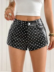 SHEIN EZwear 女款街頭風 70 年代迪斯可性感黑色波點 PU 皮革鈕扣口袋短褲，派對夜店外出夏季穿搭 - 黑色 - 查看 5