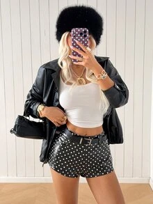 SHEIN EZwear 女款街頭風 70 年代迪斯可性感黑色波點 PU 皮革鈕扣口袋短褲，派對夜店外出夏季穿搭 - 黑色 - 查看 8