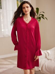 Moireta Women's Mature Elegant Lace Patchwork Glossy Satin Long Sleeve Button-Down Shirt Nightgown - Burgundy - View 4