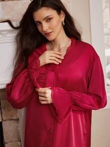Moireta Women's Mature Elegant Lace Patchwork Glossy Satin Long Sleeve Button-Down Shirt Nightgown - Burgundy - View 5