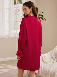 Moireta Women's Mature Elegant Lace Patchwork Glossy Satin Long Sleeve Button-Down Shirt Nightgown - Burgundy - View 2