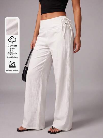 TRNVIE Women's Solid Color Side Tie Straight Leg Casual Long Pants, Summer