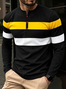 Manfinity Homme Men's Striped Long Sleeve Button Design Casual T-Shirt - Multicolor - View 4
