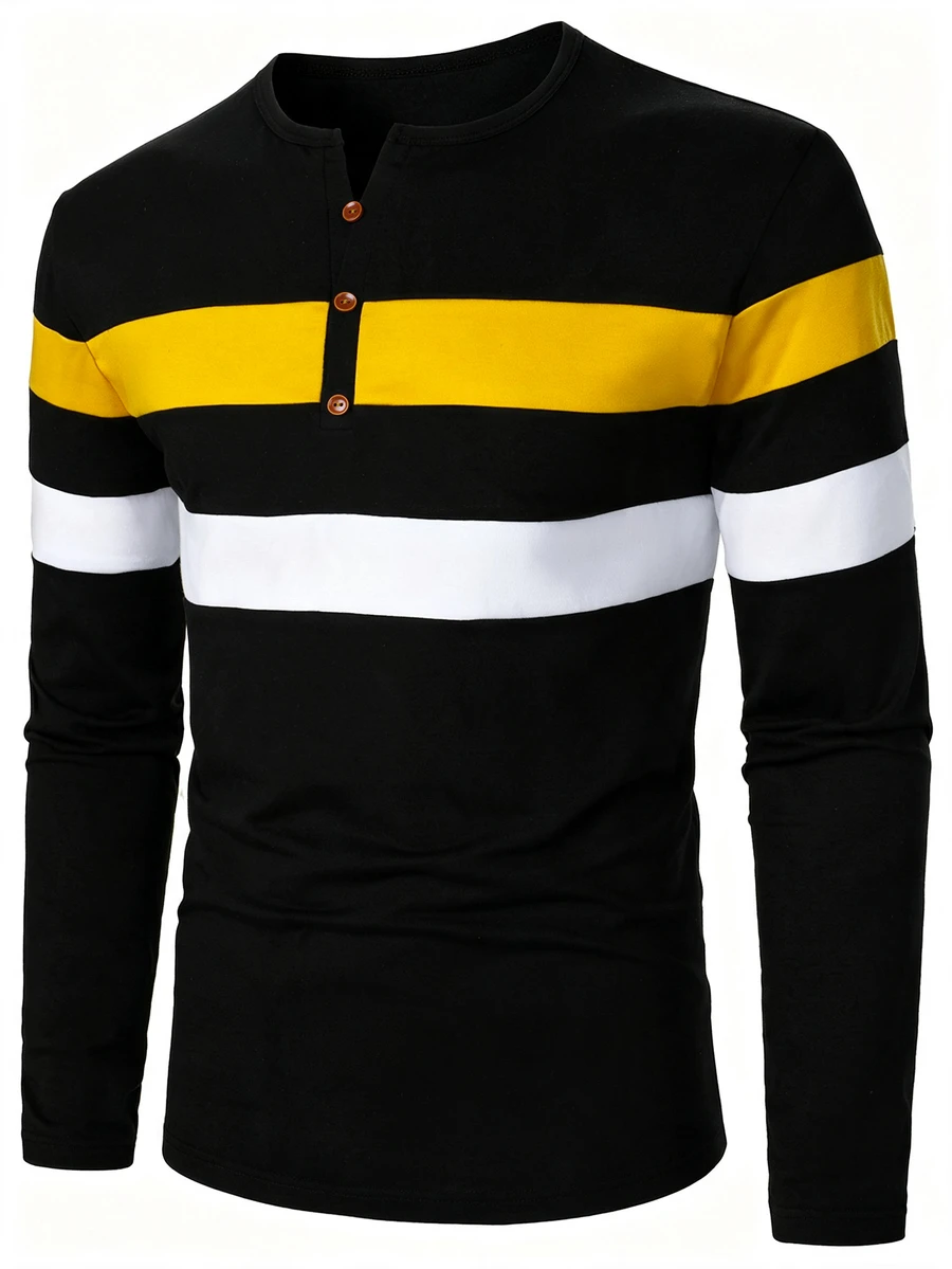 Manfinity Homme Men's Striped Long Sleeve Button Design Casual T-Shirt - Multicolor - View 1