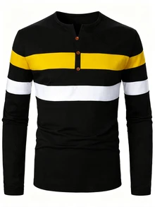 Manfinity Homme Men's Striped Long Sleeve Button Design Casual T-Shirt - Multicolor - View 3