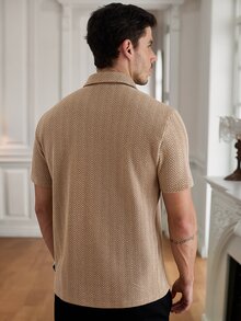 Core Aspect Men's Herringbone Textured Knit Short Sleeve Polo Shirt, Vintage Mature Commuter Half-Button Casual Versatile POLO Top - Khaki - View 2