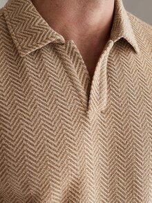 Core Aspect Men's Herringbone Textured Knit Short Sleeve Polo Shirt, Vintage Mature Commuter Half-Button Casual Versatile POLO Top - Khaki - View 3