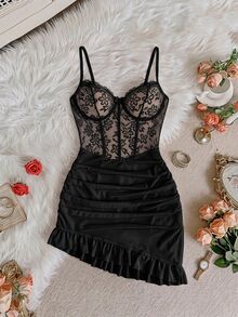 SHEIN MOD 2pcs/Set Women Sexy Lace Contrast Mesh Lingerie Set (Underwire Bra Dress + G-String) - Black - View 2