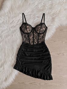 SHEIN MOD 2pcs/Set Women Sexy Lace Contrast Mesh Lingerie Set (Underwire Bra Dress + G-String) - Black - View 5