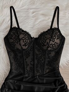 SHEIN MOD 2pcs/Set Women Sexy Lace Contrast Mesh Lingerie Set (Underwire Bra Dress + G-String) - Black - View 4
