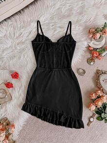 SHEIN MOD 2pcs/Set Women Sexy Lace Contrast Mesh Lingerie Set (Underwire Bra Dress + G-String) - Black - View 3