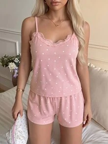 SHEIN MOD 女士睡衣套装，针织罗纹面料，心形印花拼接蕾丝边，浪漫甜美可爱性感吊带背心和短裤睡衣，女士短裤套装，女士睡衣套装，女士短款睡衣套装，女士两件套，女士夏季套装，女士睡衣套装 - 粉色 - 查看 7
