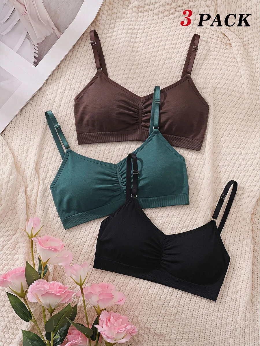 SHEIN MOD 3入組純色褶飾無鋼圈文胸 - 彩色 - 查看 1